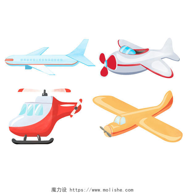 彩色卡通飞机客机交通工具PNG素材元素卡通飞机套图卡通飞机元素